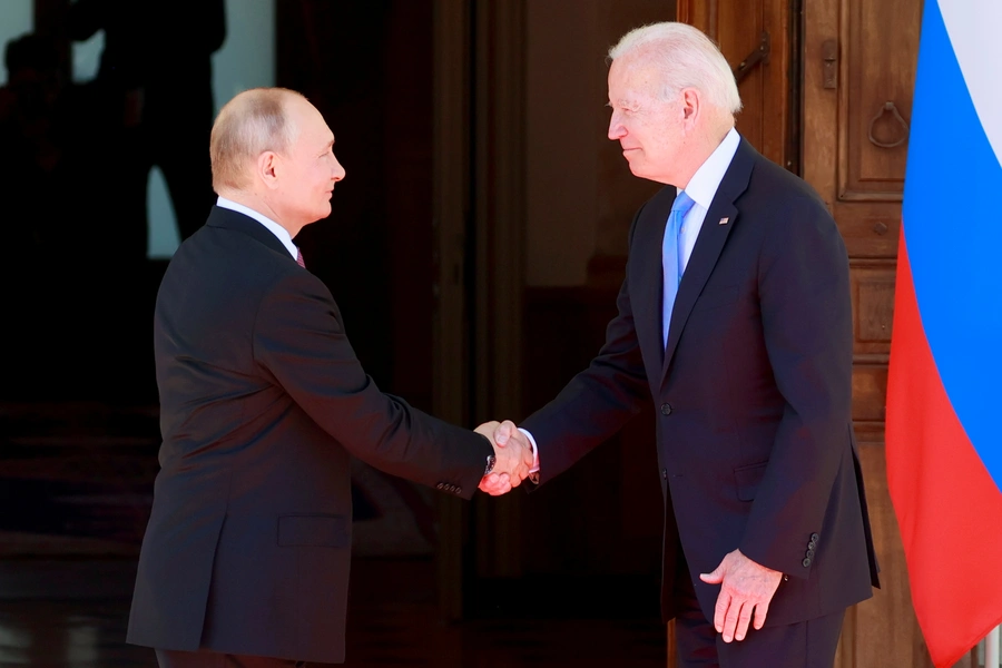 U.S. President Joe Biden and Russian President Vladimir Putin shake hands during the U.S.-Russia summit at Villa La Grange in Geneva, Switzerland, on June 16, 2021.